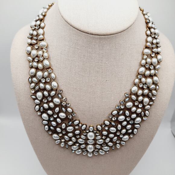 Bubblebar Gold Tone Faux Pearl Statement Necklace 20 Inch Rhinestone Collar - Picture 2 of 11